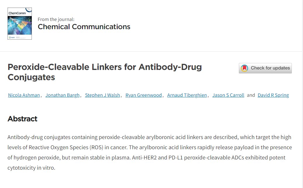Excited to share my first, first-author publication which has just been published as an accepted manuscript in <a href="/ChemCommun/">Chemical Communications</a>! A new cleavable linker for ADCs which targets the elevated hydrogen peroxide levels in cancer: lnkd.in/geBgqhqm