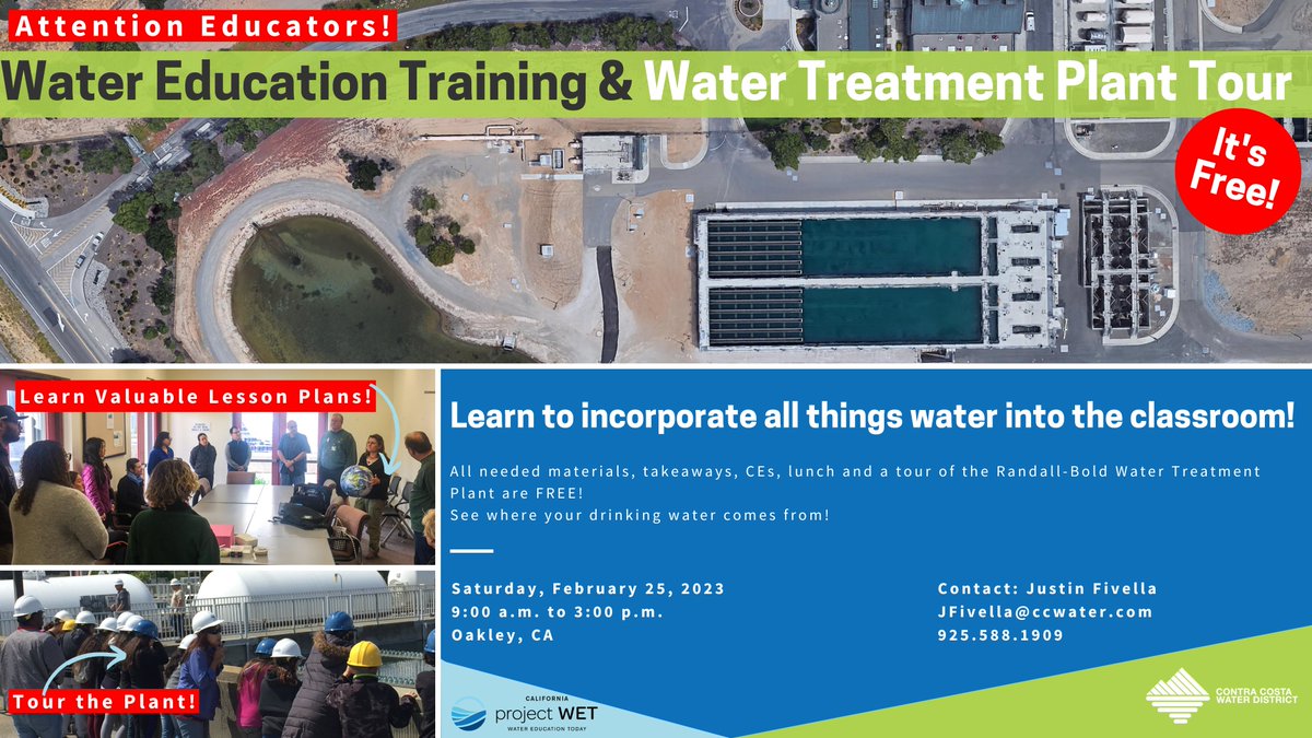 CCWD's tweet photo. Join us for a hands-on #watereducation workshop and water treatment plant tour for teachers and educators! 🍎📘💧 We’re partnering with the @WaterEdFdn and @projectwet again this year to offer a free #ProjectWET Workshop. Find more info and registration➡️ https://t.co/ZbmPbemOXc https://t.co/B070YDQhpA