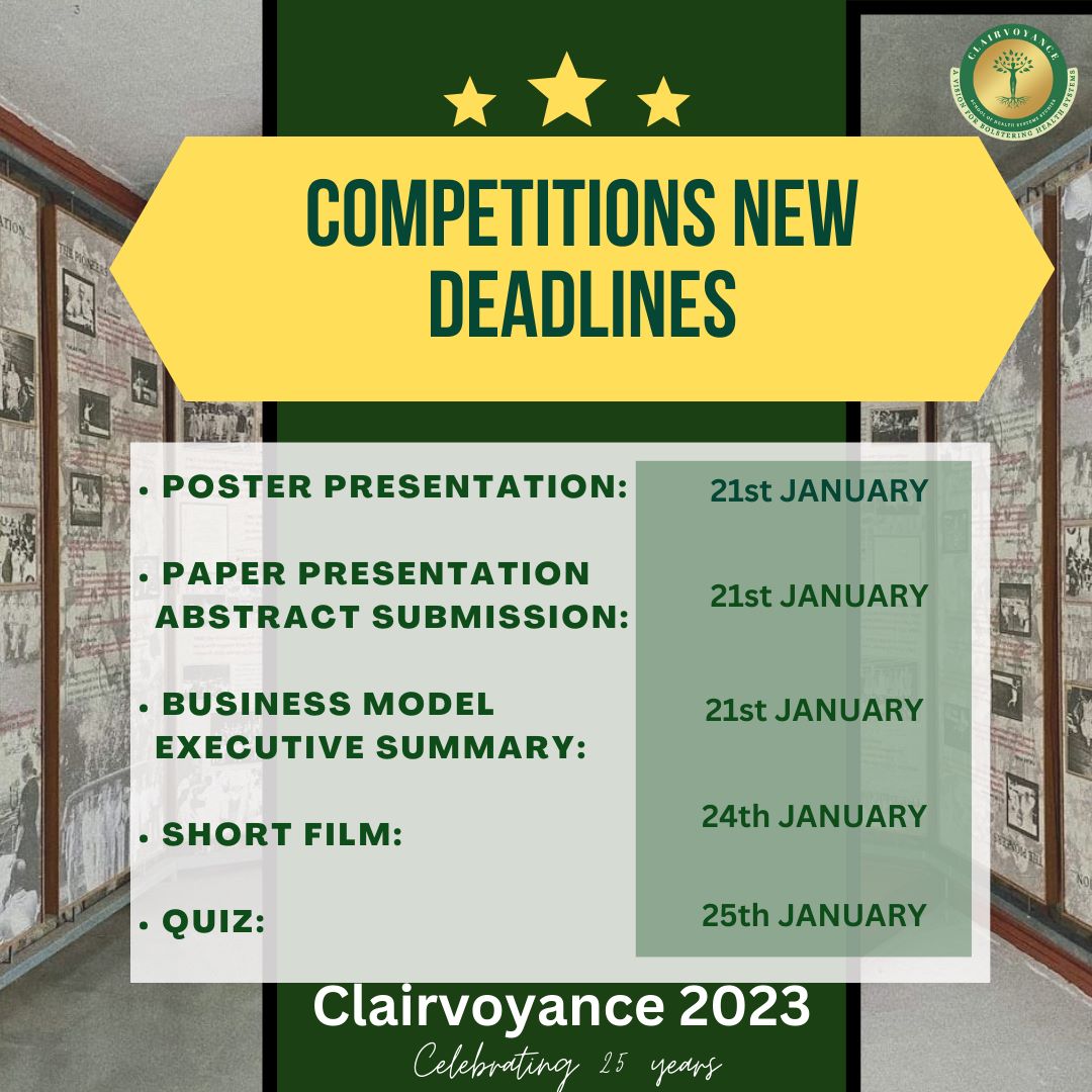 Registration and Submission deadline extended for Competitions! 

Don't miss out!

Click on the link given below to register for competitions
forms.gle/3kgg2X4evZjM1N…

#publichealth #healthcare #health #conference #clairvoyance2023 #shss #tissmumbai #