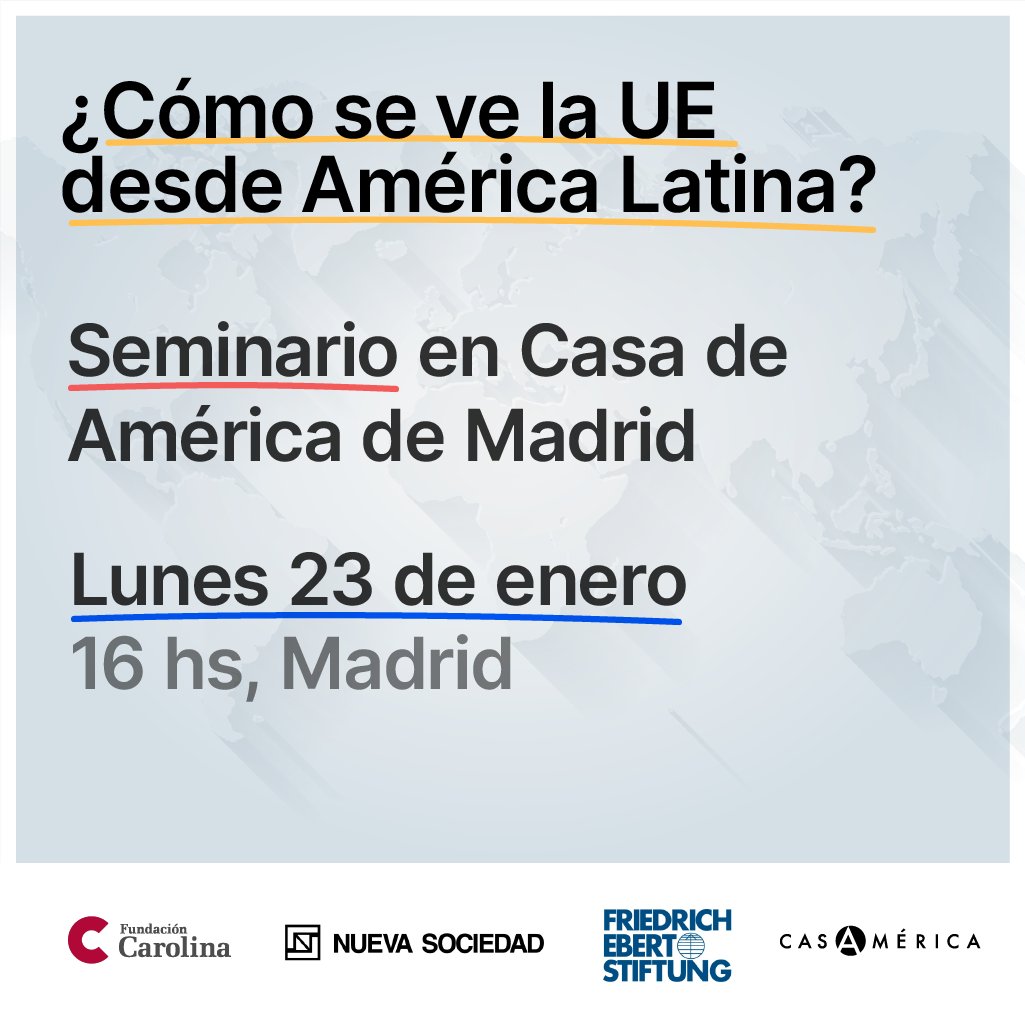 👥Seminario: ¿Cómo se ve la Unión Europea desde América Latina? 
Conversación sobre los resultados de la encuesta: #QuépiensaALsobrelaUE 

📅 23 de enero, 16:00hrs. (CET)
📍Presencial en <a href="/casamerica/">Casa de América</a> y en streaming
📲bit.ly/3GTdTdV