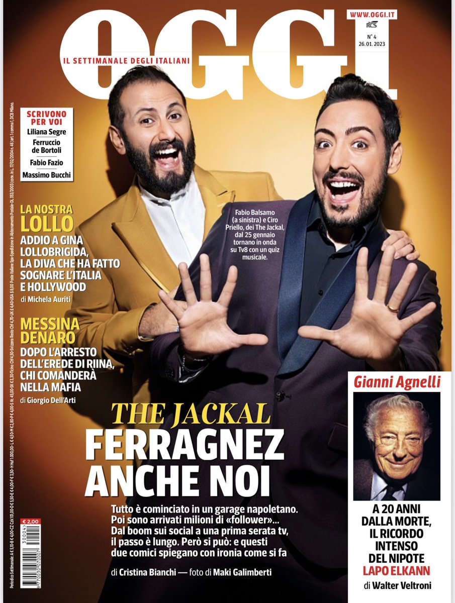 OggiSettimanale (@oggisettimanale) on Twitter photo Sul nuovo #OggiSettimanale: <a href="/_the_jackal/">The JackaL</a> da un garage di Napoli alla prima serata; <a href="/lapoelkann_/">Lapo Elkann</a> racconta nonno #GianniAgnelli a <a href="/VeltroniWalter/">walter veltroni</a>; #GiorgioDellArti e l’arresto di #MatteoMessinaDenaro; addio a #GinaLollobrigida. E i solo nostri <a href="/fabfazio/">Fabio Fazio</a> <a href="/DeBortoliF/">Ferruccio de Bortoli</a> #Segre #Bucchi Sul nuovo #OggiSettimanale: <a href="/_the_jackal/">The JackaL</a> da un garage di Napoli alla prima serata; <a href="/lapoelkann_/">Lapo Elkann</a> racconta nonno #GianniAgnelli a <a href="/VeltroniWalter/">walter veltroni</a>; #GiorgioDellArti e l’arresto di #MatteoMessinaDenaro; addio a #GinaLollobrigida. E i solo nostri <a href="/fabfazio/">Fabio Fazio</a> <a href="/DeBortoliF/">Ferruccio de Bortoli</a> #Segre #Bucchi