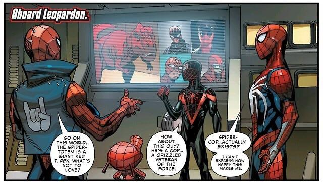 Marvel_Moment's tweet photo. Marvel canonizes the Spider-Man PS4 Spider-Cop joke less than two years before it ages like complete dogshit

From: Spider-Geddon #4 (2018)

(if anyone's curious, he's from Earth-19119) https://t.co/LN2vW19nFD