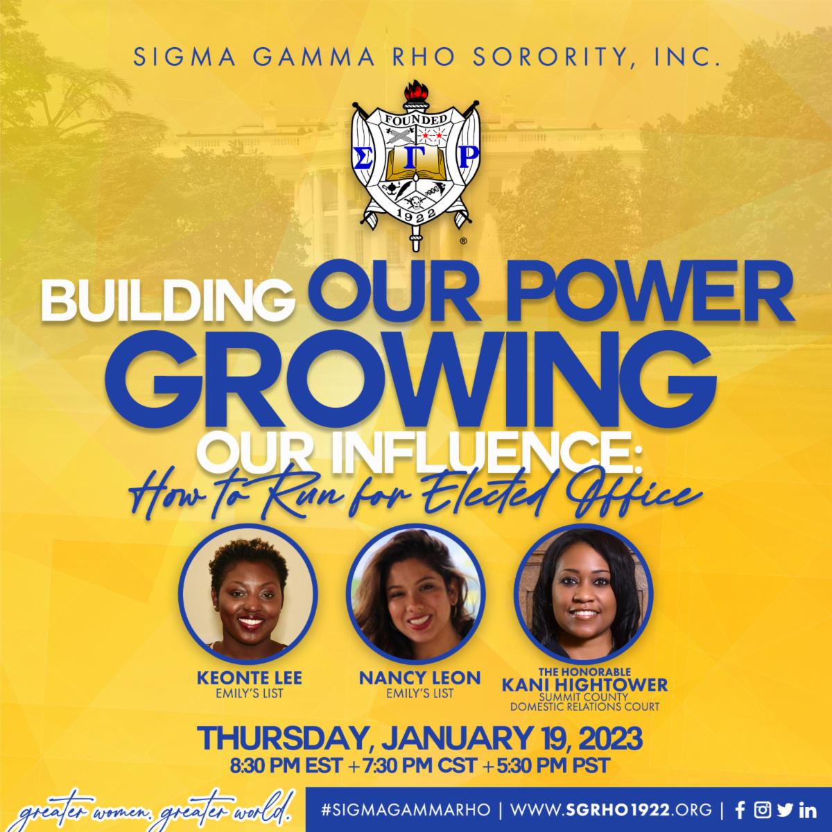 SGRho's tweet photo. Please join us on Thursday January 19th 2023 in partnership with Emily's List on a powerful discussion on "How to Run for Elected Office". 

#SigmaGammaRho #GreaterWomenGreaterWorld #SGRho100 #EmilysList #Elections #SGRhoVotes https://t.co/vhZ3dLwtFB