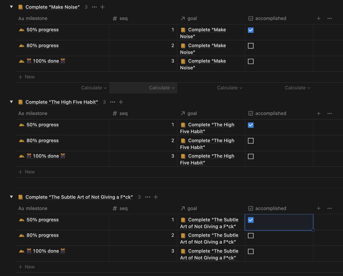 JacOfManyHats's tweet image. Something I've been implementing more this year for my year, quarterly, and monthly goals is adding specific milestones I need to hit.
In this #notiondatabase you can see the book titles I'm reading via my @AmazonKindle, and underneath the progress milestones I want to reach.