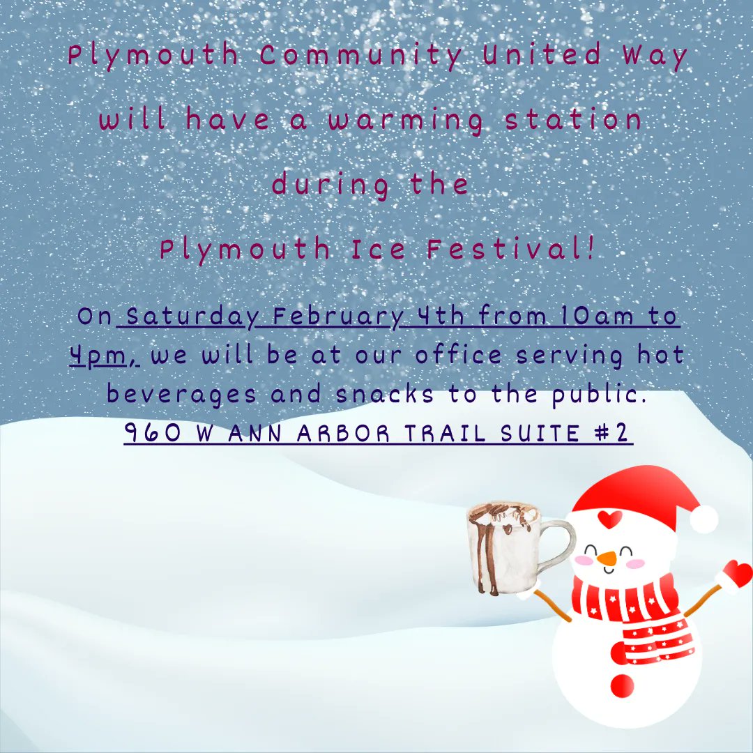 We are so excited to host a warming station during the #PlymouthIceFestival! We will be at our office, on February 4th with baked goods and hot coco. We can't wait to see you all there! #PlymouthUnitedWay #PCUW.