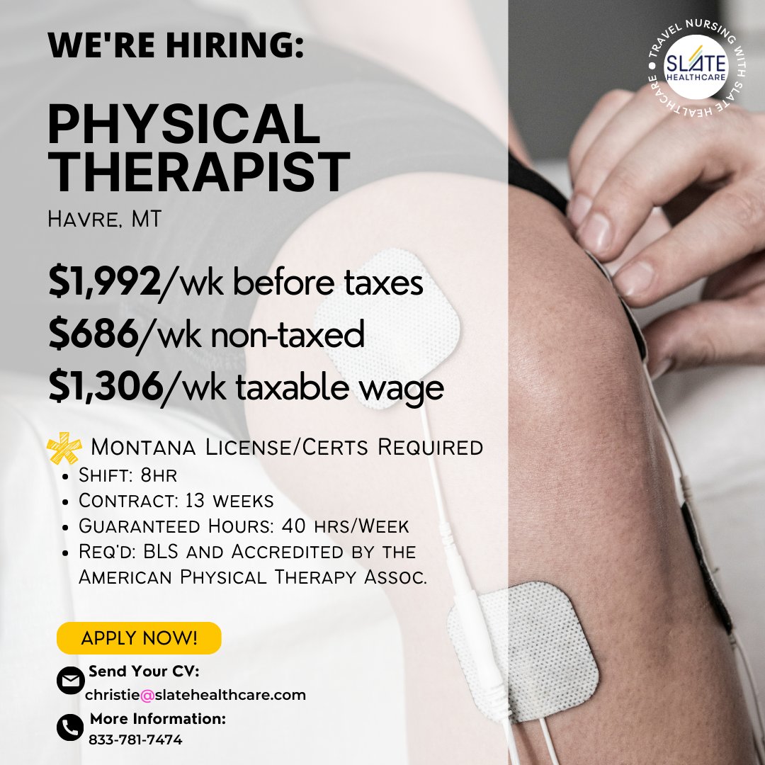 SlateHealthcare's tweet photo. 🔥HIRING🔥
📧Send Resume to christie@slatehealthcare.com
📞Call for details 833-781-7474
.
.
.
#travelalliedhealth #travelallied #travelnurse #travelnursing #physicaltherapist #travelphysicaltherapist #healthcarejobs #slatehealthcarejobs https://t.co/qLOddFf2wY