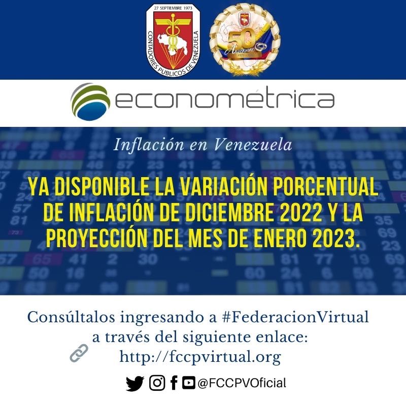 FccpvOficial's tweet photo. 🚨📈ÍNDICES Y TENDENCIAS: Les informamos que ya está disponible la variación porcentual de inflación desde Enero 2016 hasta Diciembre 2022; con la proyección de Enero 2023, dentro de la plataforma #FederacionVirtual.
 
Ingresa a través de:
 
🌐 https://t.co/iwe9J5QnVZ https://t.co/KoSA2jimJk