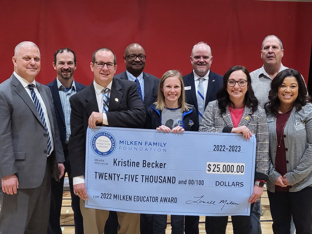 SeamanSchools's tweet photo. Kristine Becker, fourth-grade teacher at @LoganUSD345, was surprised today with the Milken Educator Award and $25,000! https://t.co/evMA28RXPN