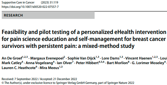 Feasibility and pilot testing of a personalized eHealth intervention for pain science education and self-management for breast cancer survivors with persistent pain: a mixed-method study: rdcu.be/c3H7Q #CancerPain @MASCC_JSCC