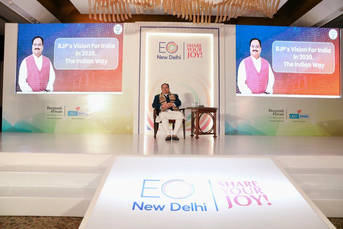 JPNadda's tweet photo. Addressed the EO Delhi’s session in New Delhi today &amp; talked at length about the BJP’s vision for the progress of our nation under the guidance of Hon. PM @narendramodi Ji by 2030 &amp; the crucial role our entrepreneurs and government will play in fulfilling that vision. https://t.co/IuQcRrbOS3
