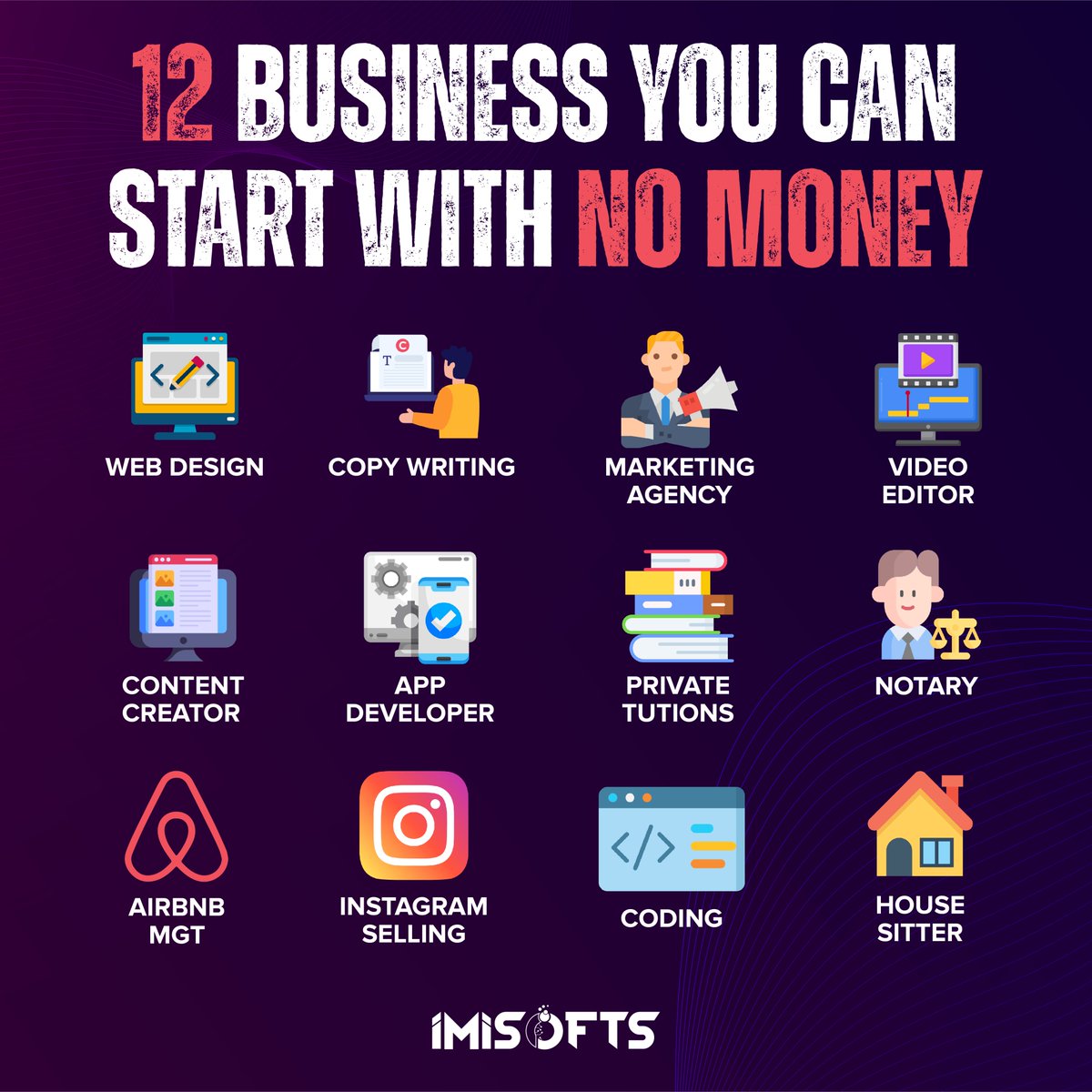 imisofts_'s tweet photo. Starting a business doesn't have to break the bank! With these top 12 no-money business ideas, you can turn your passion into profit without breaking the bank.

#EntrepreneurMindset #StartupLife #BusinessGrowth #NoMoneyNoProblem #SideHustleNation #BootstrapBusiness https://t.co/N9mOlaRnej