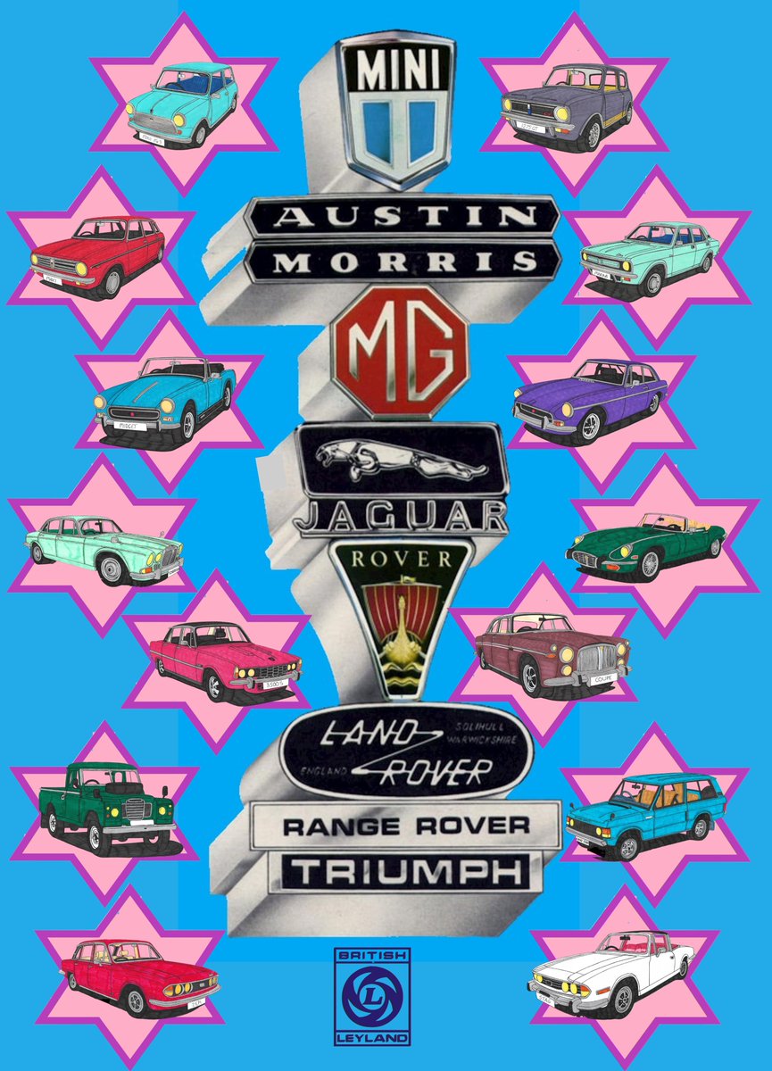 CustomCvd's tweet photo. Hi all, I've created a tribute to the full range of BL Cars in 1971 in a retro period advertising style. What you think?π#leylandmini #leylandmini1275gt #austinmaxi #morrismarina #mgmidget #mgmgbgt #daimlersovereign #jaguaretype #rover3500 #rover35litre #rangerover #triumphstag https://t.co/VCygw5TOq9