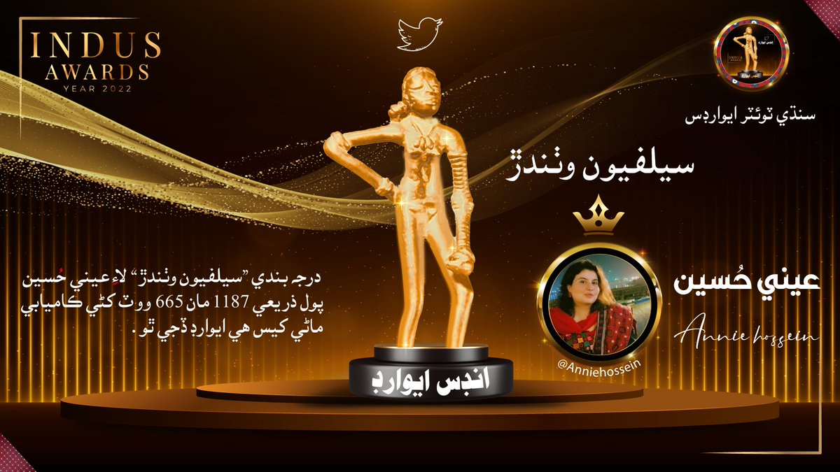IndusAwards's tweet photo. سيلفيون وٺندڙ جو ايوارڊ @Anniehossein کي ڏجي ٿو جنهن پول ذريعي ڪاميابي ماڻي.
#IndusAwards https://t.co/f6KLMG2ySI