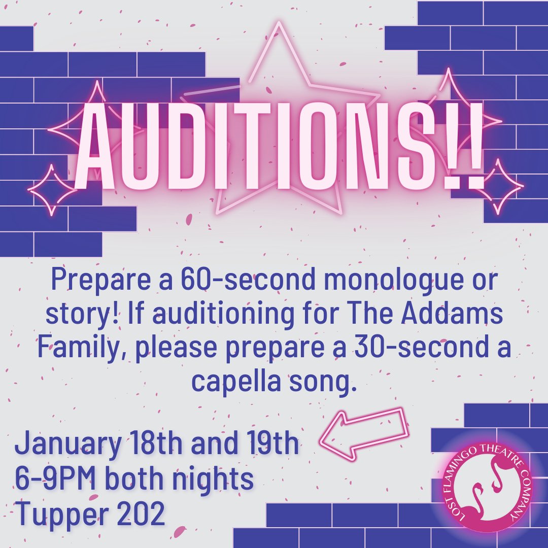 lostflamingos's tweet photo. Auditions tonight and tomorrow! DM us with questions and follow us on insta for more info! https://t.co/7T6JwCYAq2