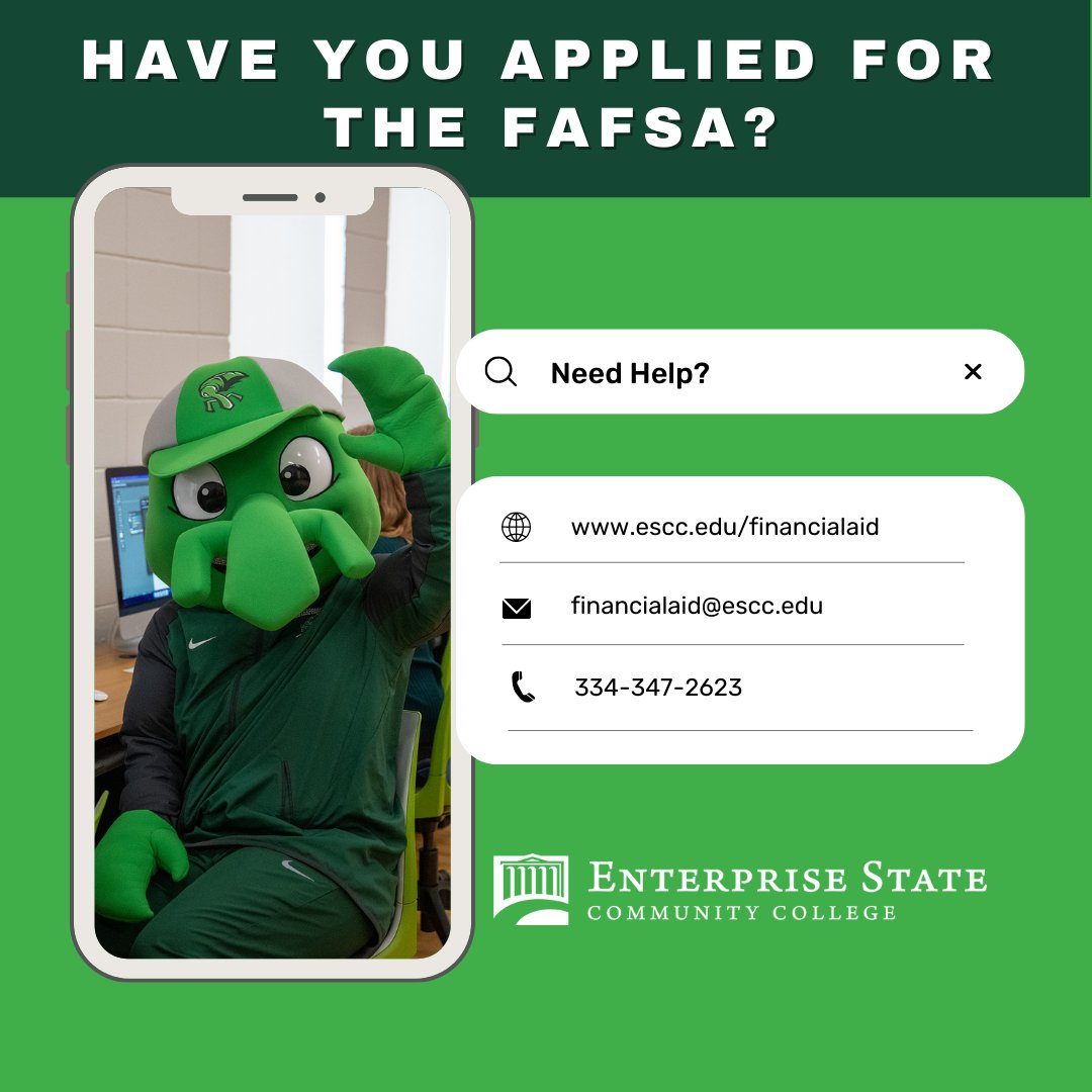EnterpriseState's tweet image. Complete the FAFSA today to get access to federal funding for school! Visit studentaid.gov to get started.  
Have questions? Visit escc.edu/financialaid! #FAFSA #ESCC
