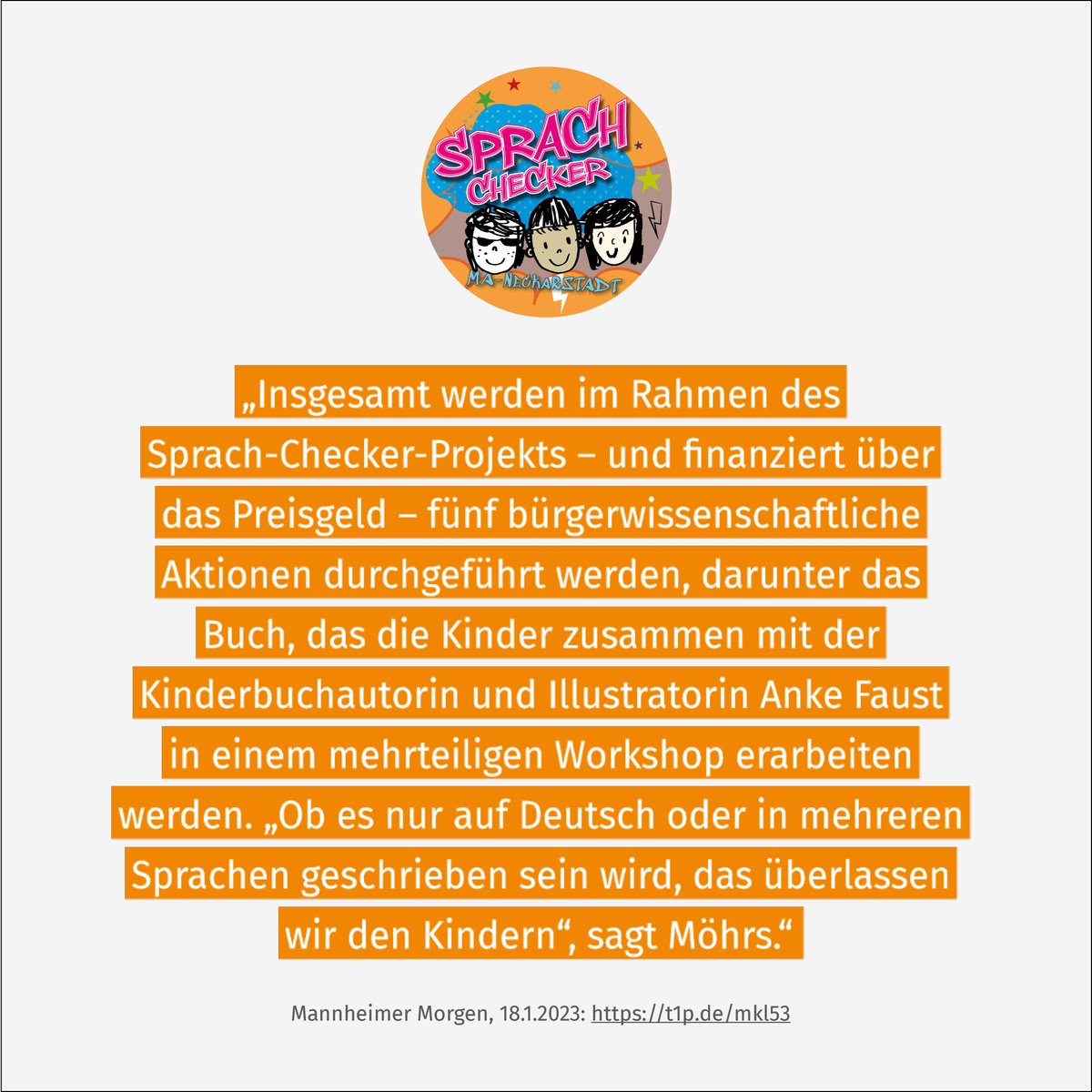 IDS_Mannheim's tweet photo. Stefanie Ball berichtet im @online_MM über unser Projekt „Die #SprachChecker – So sprechen wir in der #Neckarstadt“: https://t.co/DNZCgFv9Po.
#Kinderforschenmit #UnsereSpracheImQuartier #Mehrsprachigkeit #Sprachschatz #citizenscience #aufdieplätzemitforschen #deinWortzählt https://t.co/83q2SlwLTQ