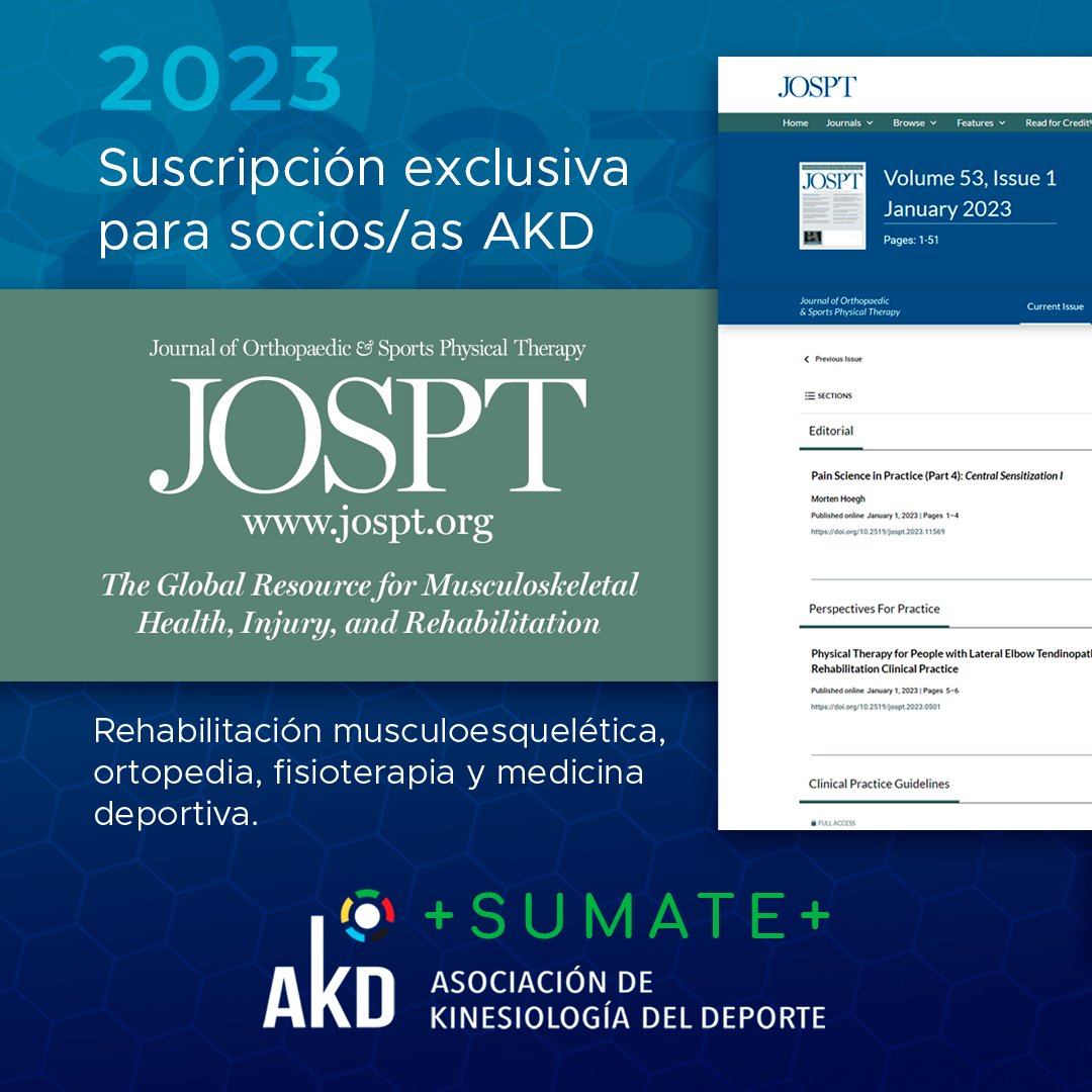 👉 Nuestro vínculo con JOSPT <a href="/JOSPT/">JOSPT Community</a> permite ofrecer a nuestros/as asociados/as la suscripción anual a las 12 ediciones del Journal en su formato digital, por un sólo pago de $6000.-ARS. o 3 pagos de $2000.-

Para suscribirte, no dudes en contactarte via mail a ✉️info@akd.org.ar