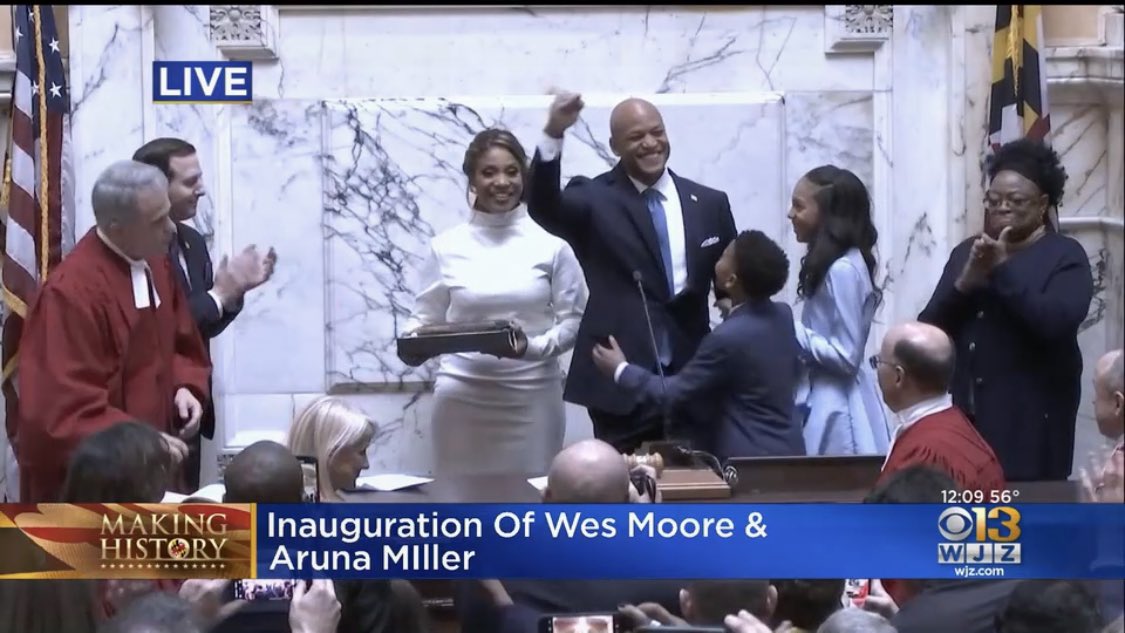 AvajoyeWJZ's tweet photo. Governor Wes Moore is now officially the first Black governor of Maryland. 

He took the oath on bibles belonging to Thurgood Marshall and Moore’s grandfather. @wjz https://t.co/v93PyAhw2W