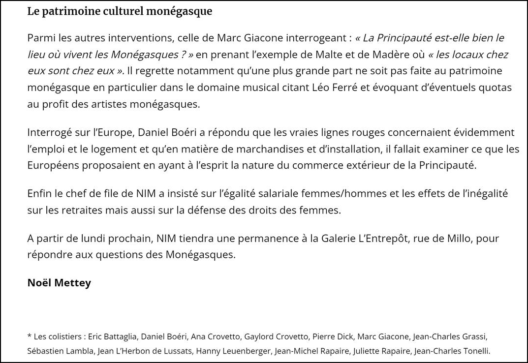 Je me présente dans la liste NIM aux élections nationales monégasque qui auront lieu le 5 février 2023 en Principauté de Monaco.