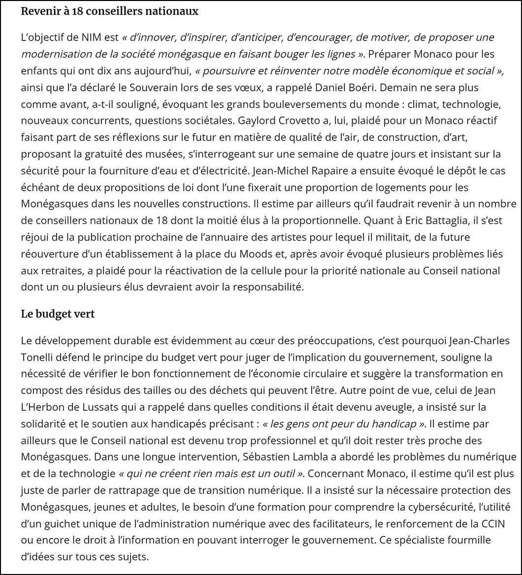 Je me présente dans la liste NIM aux élections nationales monégasque qui auront lieu le 5 février 2023 en Principauté de Monaco.