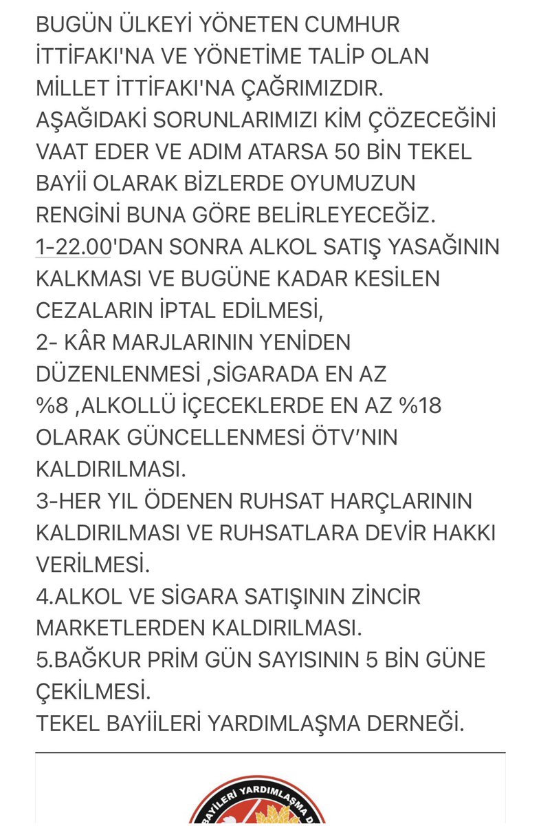 DundarErol_'s tweet photo. Tekel bayileri Yardımlaşma derneği olarak tüm meslektaşlarımız adına taleplerimizi kamuoyuna ve yetkililere bir daha duyuruyoruz @RTErdogan @kilicdarogluk @meral_aksener #secim2023 @halktvcomtr @tele1comtr @BirGun_Gazetesi @cumhuriyetgzt @krtkulturtv https://t.co/zEpaYRUQB9