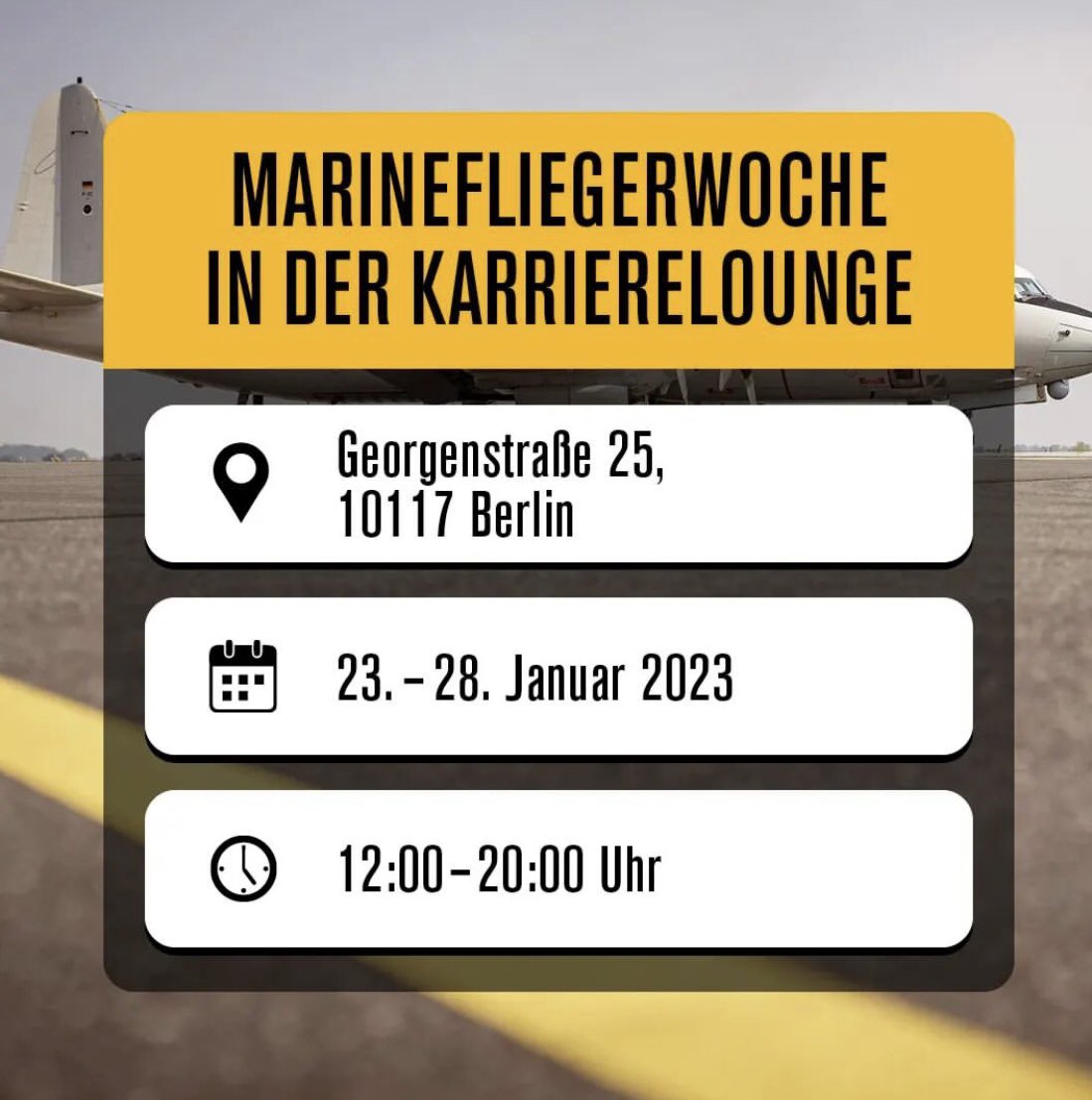 CdrDeuNavalAir's tweet photo. Seid dabei!
Nächste Woche in #BERLIN .
#Marineflieger in der Karrierelounge.
Wollt ihr was cooles? Kommt zur #Bundeswehr, wollt ihr was sehr cooles ? Kommt zur #Marine! Wollt ihr was #megacooles? Kommt zu den #Marinefliegern!! 
#MachWasWirklichZählt #Bundeswehrevents https://t.co/0jYKaY5REz