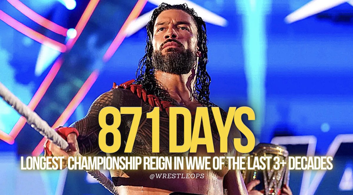 WrestleOps's tweet photo. .@WWERomanReigns has now officially had the longest championship reign in @WWE of the last 3+ decades.

At 871 days today surpassing Gunther’s 870 day NXT UK title reign.

History. https://t.co/3m4oPS0zkC