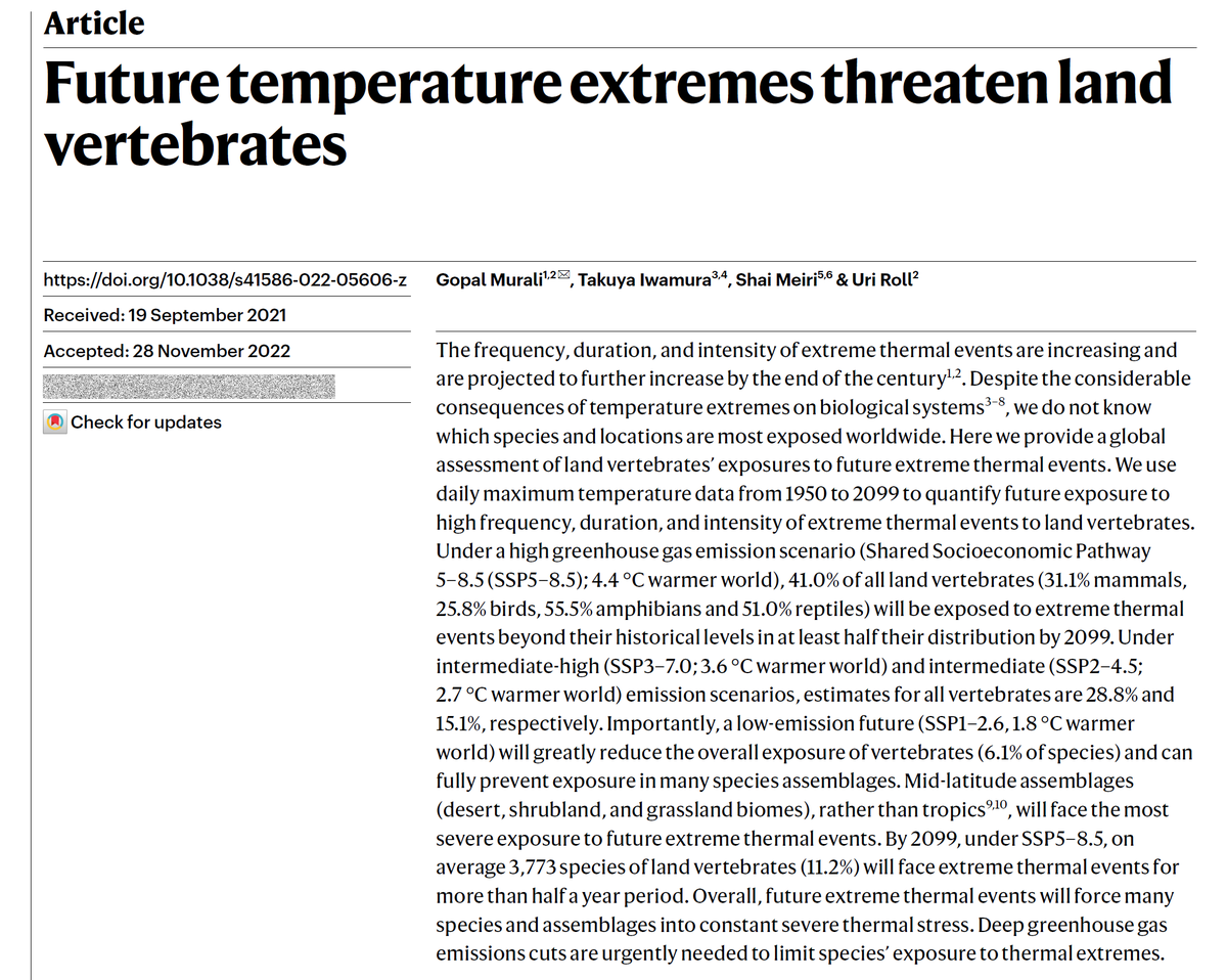 GopalMurali1's tweet photo. 🚨New paper🚨 Heatwaves are on the rise due to climate change. How will extreme thermal events shape the future of the world's biodiversity at different warming levels? Check our study out today @Nature https://t.co/qxUbHmETh3 
#ClimateEmergency #Heatwaves #Biodiveristy🐘🦩🐸🐍🦎 https://t.co/bShEm8igh9