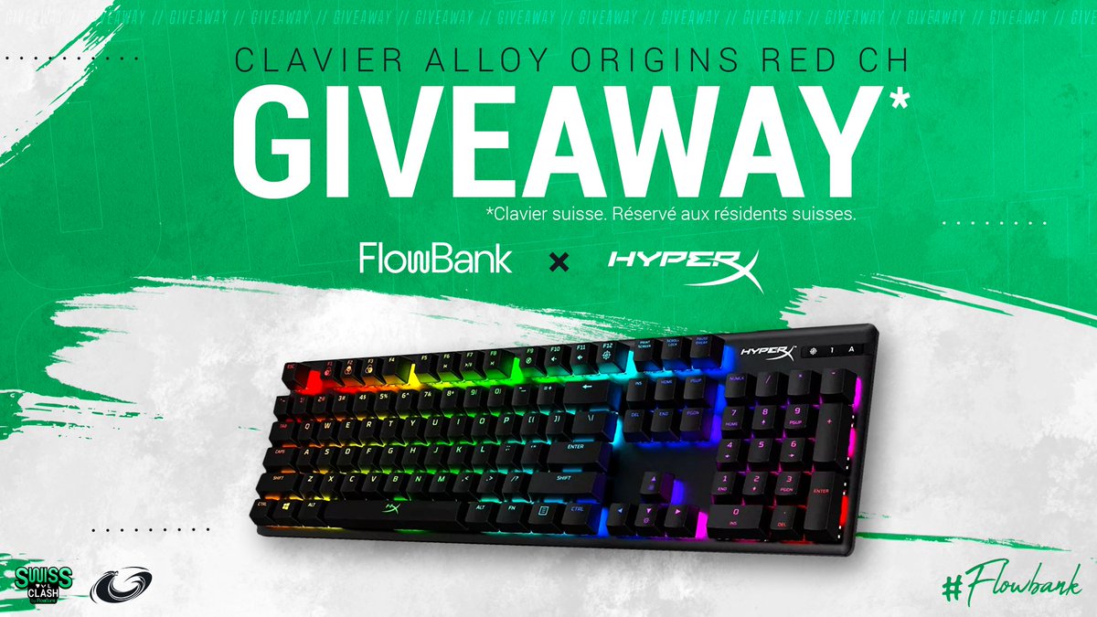 #SwissClash 🏆

Grâce à <a href="/HyperX/">HyperX</a> et @FlowBank_SA on te fait gagner ce clavier Alloy Origins Red CH !

RT, like et commente ce post (montre nous que tu vis vraiment en Suisse 😎)

TAS le 8 février à 20H
⚠️ #Giveaway pour les résidents suisses 🇨🇭 UNIQUEMENT

#WeAreOneFBX #FlowBank