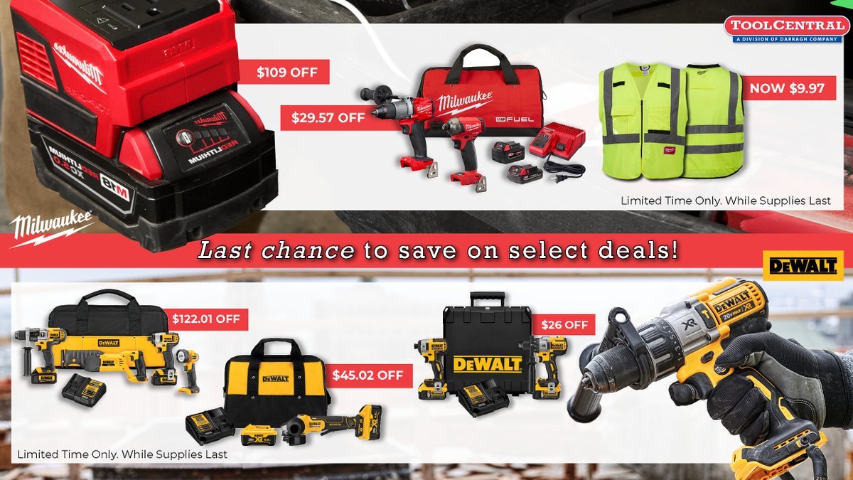 toolcentral's tweet photo. We all know good things can't last forever, which stands for these deals. Visit us before they're gone! Online only, while supplies last. Limited time only.
https://t.co/1tqMsVA2IT

#ToolCentral #Dewalt #Milwaukee #PowerToolDeals #PowerTools https://t.co/BCO5jxoeKh