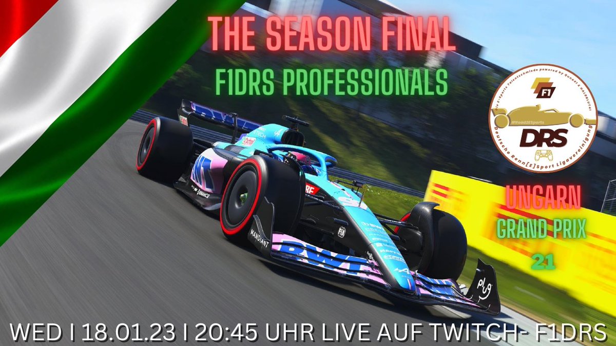 F1DRS_'s tweet photo. Das große Finale der Professionals steht heute Abend in Ungarn an🏁 Sowohl die Konstruktuers-WM, als auch die Fahrer-WM ist noch offen und wird sich heute entscheiden🏆🥇
Live ab 20:45 auf Twitch 🔥📹 https://t.co/aUJGxwanTM