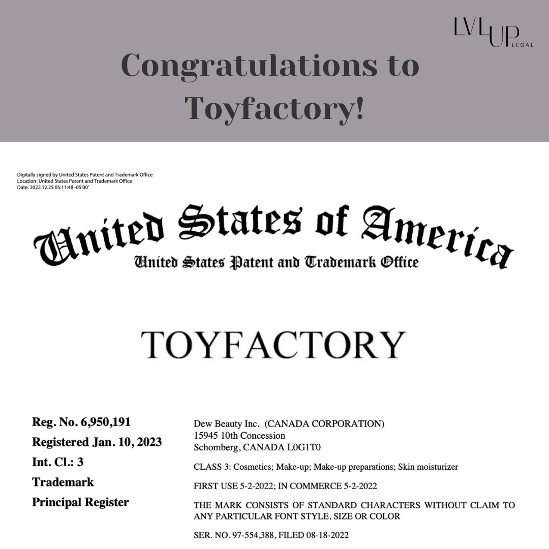 LVLUP_Legal's tweet photo. Congratulations to #Toyfactory for receiving their #Official Trademark Registrations from the #USPTO! We can't wait to see your continued #success! 

#trademark #trademarkregistration #lvluplegal #trademarkattorney #trademarkregistration #clientsupport #business #buildyourbrand https://t.co/y5E97RB6vW