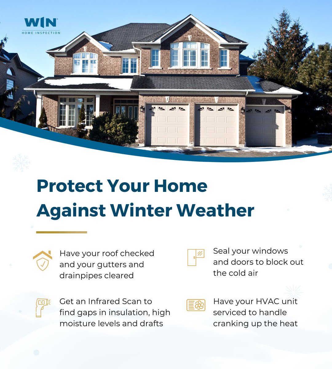 WINHomeInspect's tweet photo. Winter weather can wreak havoc on your home’s systems and structure. Plummeting temperatures, dry air, snow and ice can all cause complications that can be costly to fix.
Follow these steps to protect your home from mother nature this winter!
#winhomeinspection #winterproof https://t.co/Kf4ijsOFbE