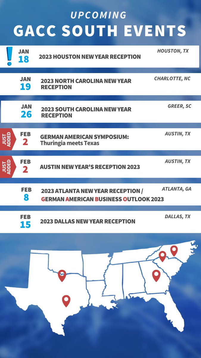 We are kicking of this week with our New Year's Receptions and don't miss out to join us for our symposium discussing technology and innovation in Texas and Thuringia!

Jan 18
Houston New Year Reception
🎫 bit.ly/3jiMeeo 

Jan 19
North Carolina New Year Reception
🎫  ...