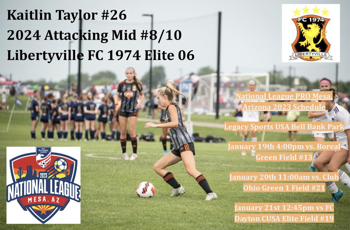 Excited to be traveling to Mesa, Arizona for the NL PRO Event! Come out and watch my teammates and I! Check out our schedule below ⬇️ <a href="/FC1974_G2006/">FC 1974 2006</a> <a href="/TopDrawerSoccer/">TopDrawerSoccer</a> <a href="/ImCollegeSoccer/">College Soccer Truth ™</a> <a href="/TheSoccerWire/">SoccerWire</a> <a href="/NationalLeague/">National League</a> <a href="/ImYouthSoccer/">ECNL/GA/Recruiting/College Soccer</a>