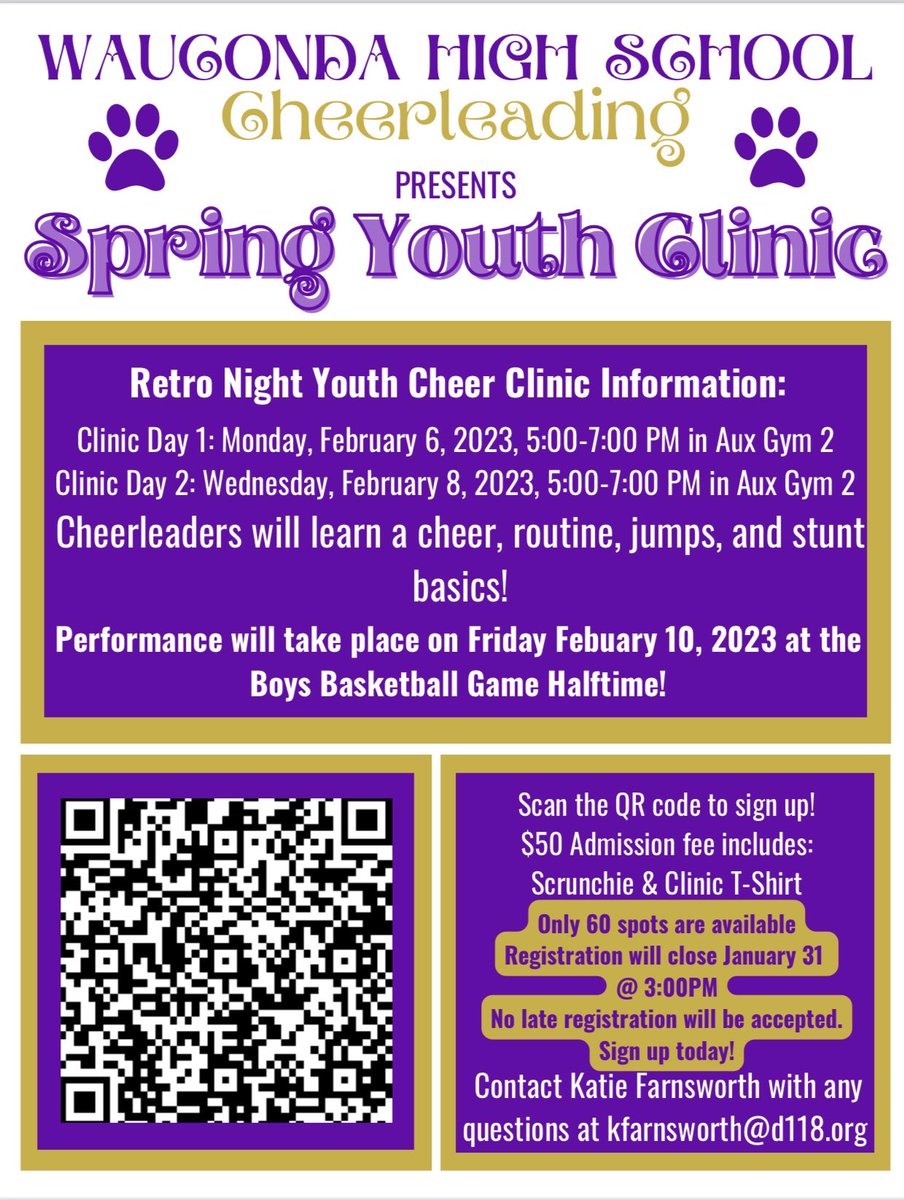 The Cheerleaders are hosting a youth cheer clinic for K-8th graders. Space is limited so sign up before January 31st! 💜💛 <a href="/BulldogLife_WHS/">Bulldog Life - WHS</a> <a href="/GoWHSAthletics/">WHS Athletics</a>