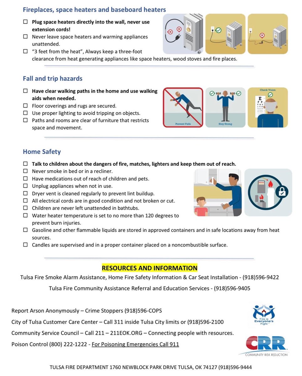 TulsaFire's tweet photo. The 3rd of #CommunityRiskReductionWeek focuses on #ENFORCEMENT. Specifically enforcing our mission to help in residential homes. 

The Fire Marshal’s office recently created a home safety checklist that our fire companies can perform with Tulsan’s when we respond to your homes. https://t.co/Gkp0I7OCCU