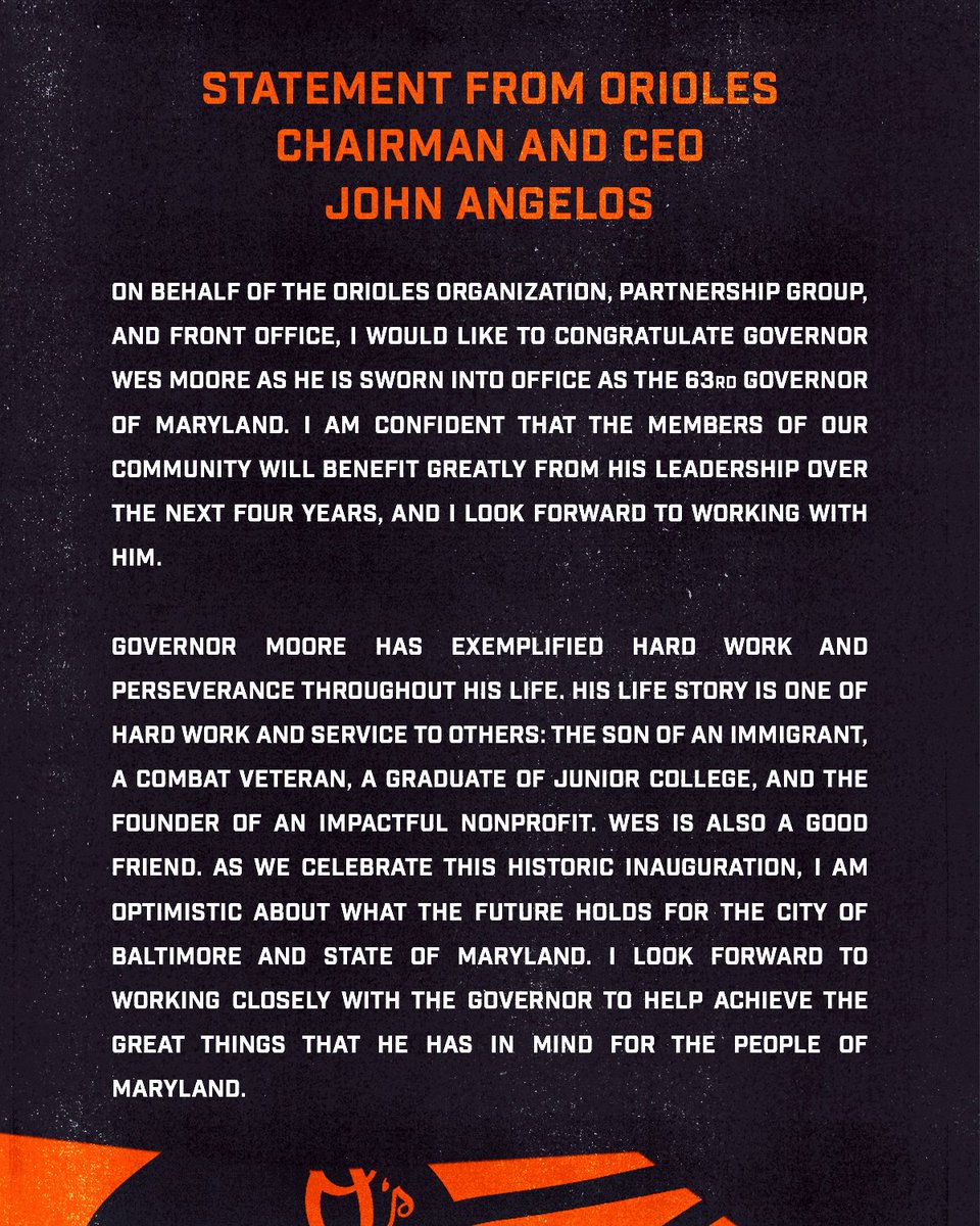 A statement from Chairman and CEO John Angelos on Governor Wes Moore’s inauguration: