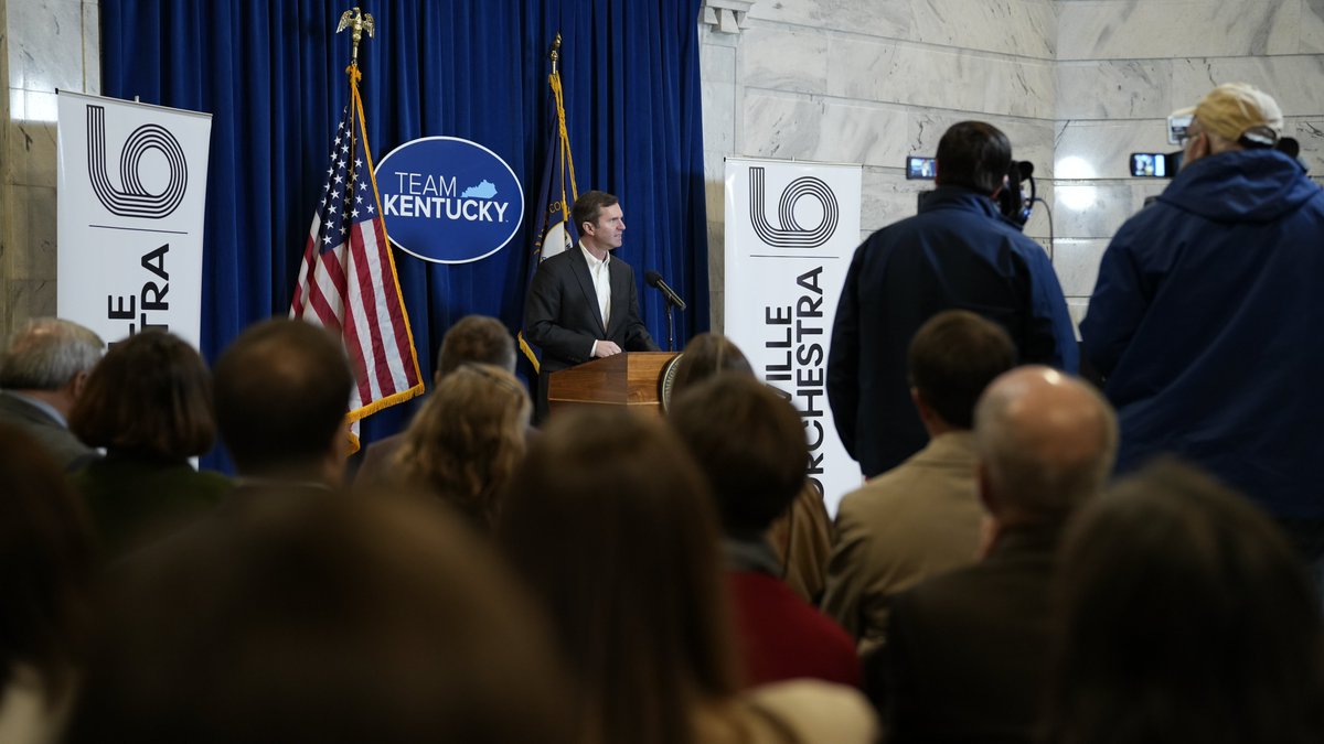 GovAndyBeshear's tweet photo. Music can inspire our people and spark creativity. I am grateful to @LouOrch and @teddyconducts for bringing music, education opportunities and more to communities across the commonwealth. Today, we celebrated their upcoming statewide tour and their commitment to our people. https://t.co/Q2AGlQzYD4