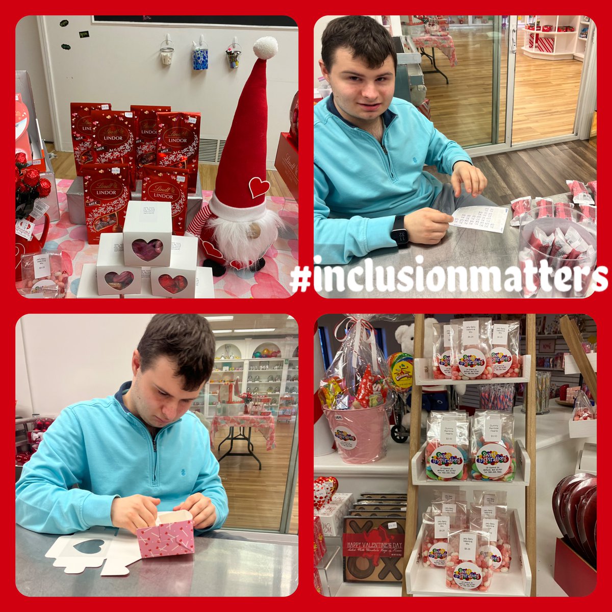 Zach pricing and packaging for Valentines Day! Come on down and check out all the wonderful things happening at Sweet Inspirations! #inclusionmatters @FoundationZenus @jwalsh_jennifer @MilfordCSUP @SpOlympicsMA @MilfordSchools