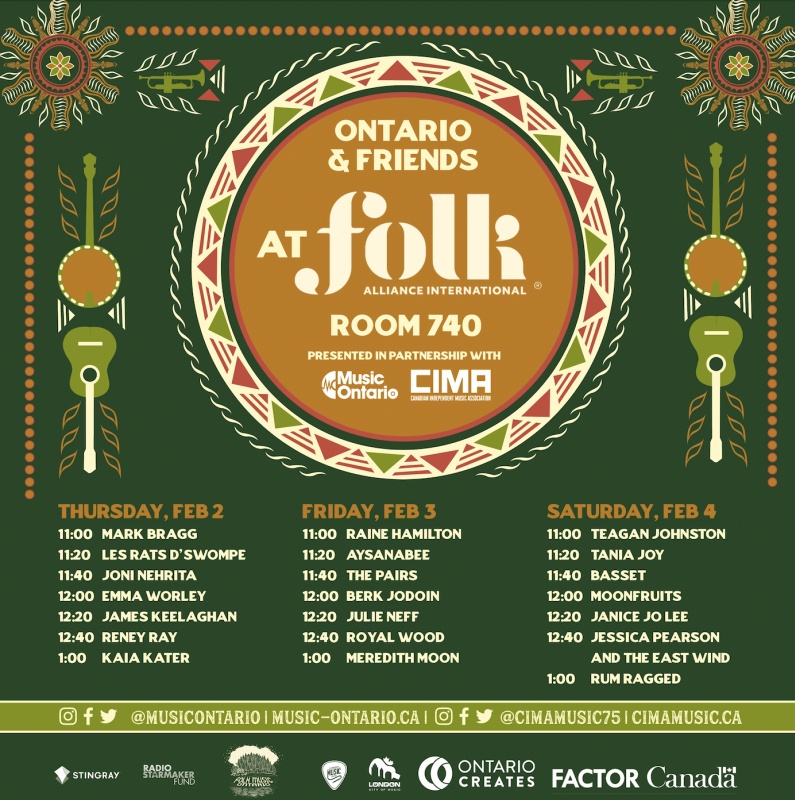 Ontario &amp; Friends: Room 740
<a href="/FolkAlliance/">Folk Alliance</a> International
Feb 1-5, 2023
Kansas City, MO

w/ @joninehrita <a href="/jimmykeelo/">james keelaghan</a> <a href="/rainehamilton_/">Raine Hamilton</a> <a href="/thepairsmusic/">The Pairs</a> <a href="/missTaniaJoy/">Tania Joy</a> <a href="/moonfruitsmusic/">MOONFRUITS</a> <a href="/janicejolee/">Janice Jo Lee</a> <a href="/jesspearsonEW/">Jessica Pearson and the East Wind</a> <a href="/ReneyRay/">Reney Ray</a> <a href="/Bassettheband/">basset.theband</a> @_aysanabee_ <a href="/RumRagged/">Rum Ragged</a> &amp; More!

#folk2023