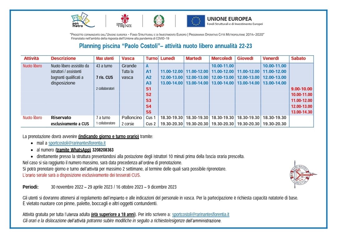 Orari sport per tutti.
Prenota scrivendo a 
Sportcostoli@rarinantesflorentia.it 
#sportpertutti
#piscinacostoli