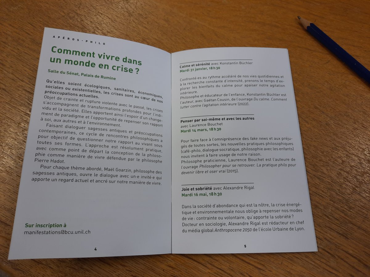 MaelGoarzin's tweet image. Comment vivre dans un monde en crise? 
Cycle d'apéros-philo que j'anime ce printemps à la @BCULausanne avec @KBchlr (Calme et sérénité), Laurence Bouchet (Penser par soi-même et avec les autres) et @Alexandre_Rigal (Joie et sobriété).
Premier épisode mardi 31 janvier à 18h30!