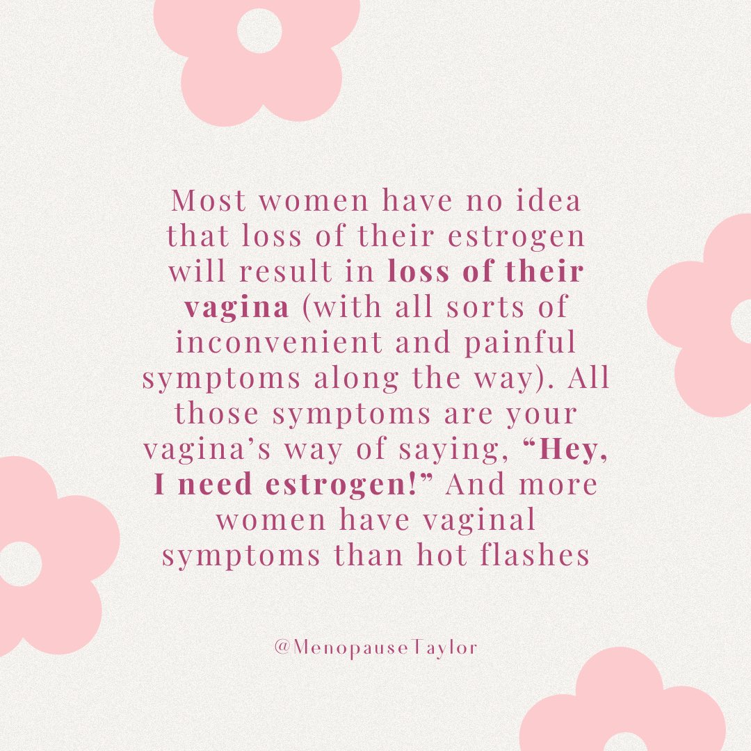 BarbieTaylorMD's tweet photo. Most women have no idea that loss of their estrogen will result in loss of their vagina. 

All those symptoms are your vagina’s way of saying, “Hey, I need estrogen!” 

And more women have vaginal symptoms than hot flashes. https://t.co/eI1nuzFkgS