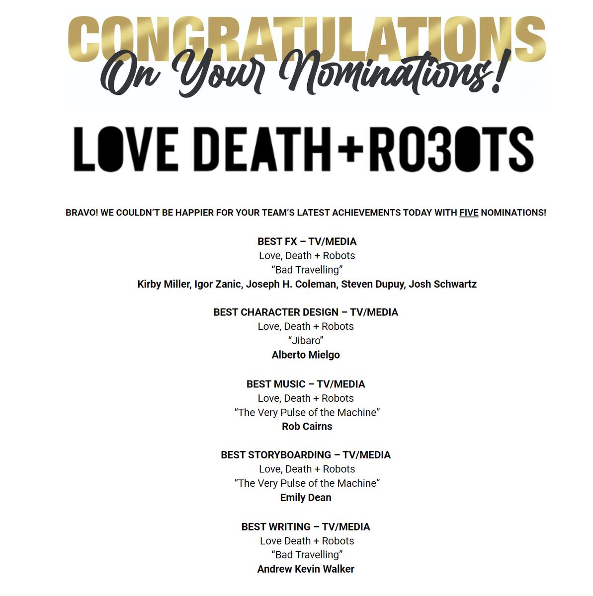 Annie Awards nominations! Great work, everyone.
#lovedeathrobots