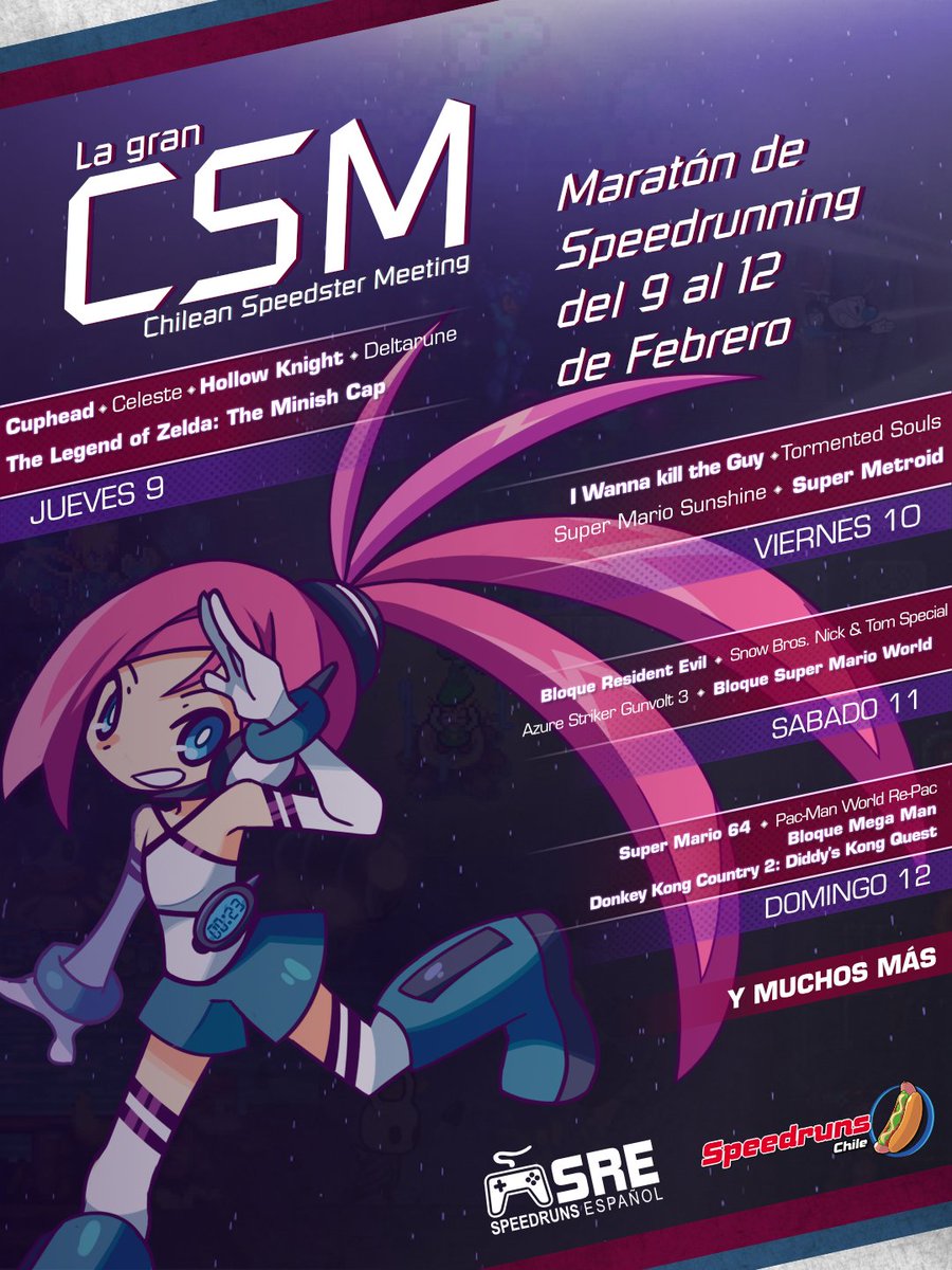 ¡Ya tenemos horario para la GRAN CSM 6!

Del 9 al 12 de febrero, podremos disfrutar de unas increíbles runs por parte de la comunidad de SpeedrunsChile ¿os la vais a perder?

Horario: oengus.io/en-GB/marathon…