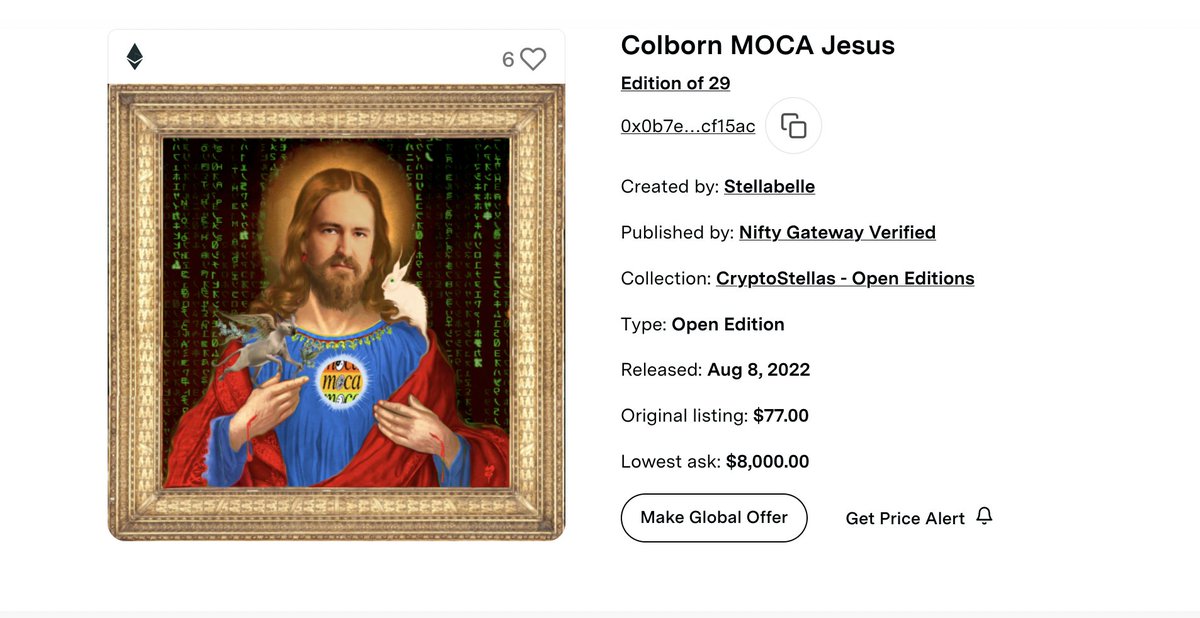Current floor of Colborn MOCA Jesus is $8,000 on <a href="/niftygateway/">Nifty Gateway Studio</a> 
👁️ niftygateway.com/marketplace/co…