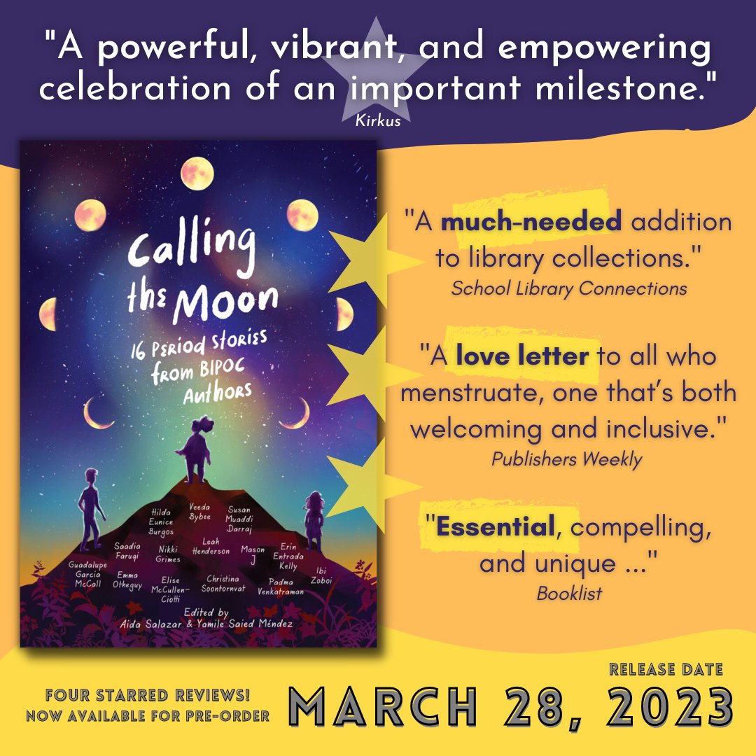 So proud to be part of this important anthology and also proud of its FOUR STARRED REVIEWS! Thank you Aida Salazar and @YamileSMendez for putting this collection together and to @Candlewick for releasing it into the wild. 🌕🌖🌗🌘🌑