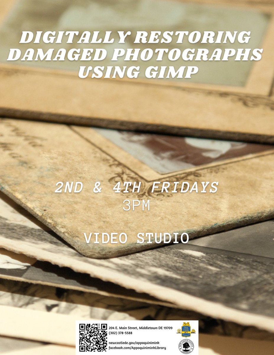 AppoLibrary's tweet image. Tomorrow in the Video Studio from 3-4pm EST, we will be Digitally Restoring Damaged Photographs using GIMP! Restore your damaged photographs to their former glory using digital restoration techniques.

Registration is required.
#DelawareLibraries #NewCastleCounty