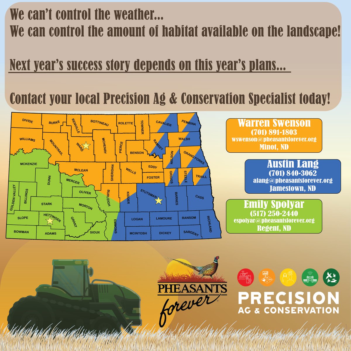 Pheasants are tough, but they're far from invincible. 

It may be too late to consider habitat for this winter, but it's the perfect time to start planning for the next winter. 

Reach out to our Precision Ag &amp; Conservation Specialists today!

(Source:pheasantsforever.org/Habitat/Pheasa…)
